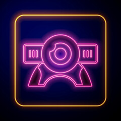 Glowing neon Web camera icon isolated on black background. Chat camera. Webcam icon. Vector