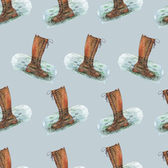 watercolor illustration seamless pattern ,high brown boots with lacing,graceful flowers with leaves,a small pond with fish and pebbles,blue background,for wallpaper,fabric or furniture
