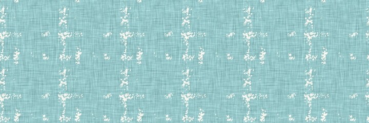 Aegean teal geometric border strip linen texture background. Summer coastal living style home decor fabric effect. Sea green wash grunge edge material. Decorative textile geo seamless pattern banner.