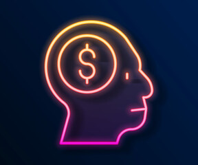 Glowing neon line Business man planning mind icon isolated on black background. Head with dollar. Idea to earn money. Business investment growth. Vector