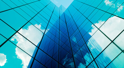 business building in city with mirror windows with reflections of blue sky.