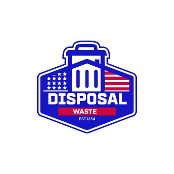 America's Waste Disposal. emblem logo for waste disposal in america.abstract illustration of trash can and house roof image with american flag