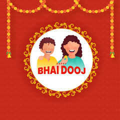 Happy Bhai Dooj Celebration Concept With Cheerful Boy Feeding Laddu To His Sister On Red Wave Pattern Background.
