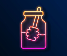 Glowing neon line Jar of honey and honey dipper stick icon isolated on black background. Food bank. Sweet natural food symbol. Honey ladle. Vector