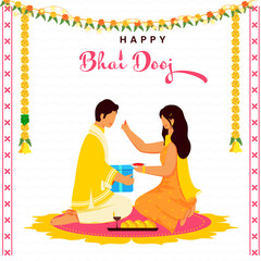 Happy Bhai Dooj Celebration Concept With Sister Applying Tilak Or Mark To Forehead Of Her Brother On White Background.