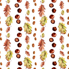 Watercolor seamless pattern with bright multicolored autumn leaves and maple winglets, chestnut fruits, oak acorns and pine cones