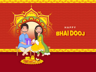 Happy Bhai Dooj Poster Design With Cheerful Boy Offering Gift Box To His Sister On Red Wave Pattern Background.