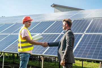 Foreman and businessman shaking hands after meeting and over deal their agreement or contract