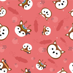 Seamless Pattern Of Cartoon Animal Face On Red Boho Style Background.