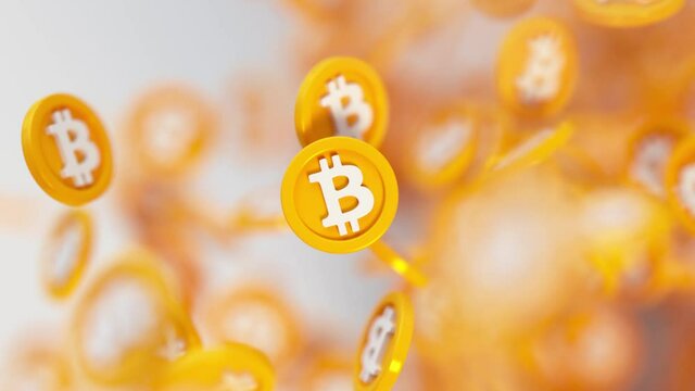 Bunch of bitcoins in slow motion. 3D render animation