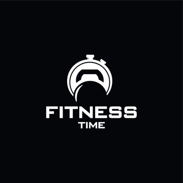 fitness time. fitness time vector logo. clock and kettlebell icon combination.