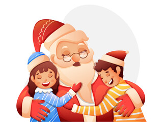 Cartoon Santa Claus Hugging Kids On White Background.