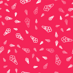 White line Ice cream in waffle cone icon isolated seamless pattern on red background. Sweet symbol. Vector