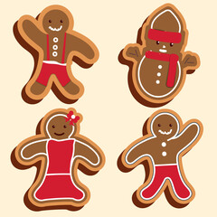 Cartoon Gingerbread Sweet Collection On Beige Background.