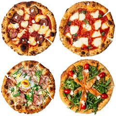 Set of four different pizzas isolated on white background