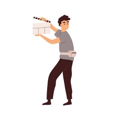 Person with open clapperboard in hands. Movie assistant shutting filmstick of clapper board before scene shoot. Man and clapboard at film making. Flat vector illustration isolated on white background