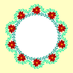 Fototapeta na wymiar Empty Round Frame Decorated By Leaves And Poinsettia Flowers On Yellow Background.