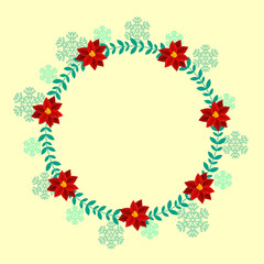 Empty Circle Frame Made By Leaves And Poinsettia Flowers On Yellow Background Decorated With Snowflakes.