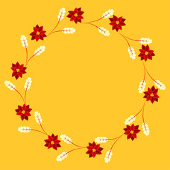 Empty Circle Frame Made By Leaves And Poinsettia Flowers On Yellow Background.