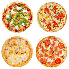 Set of four different pizzas isolated on white background