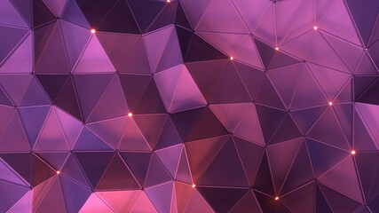 Purple geometric triangular relief with glowing spheres. Computer generated abstract background. 3D render