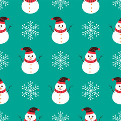 Seamless Pattern Of Cartoon Snowman And Snowflake Background.