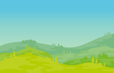 Fototapeta na wymiar Natural landscape at sunrise. Natural landscape with trees and hills against a blue sky. Cartoon illustration of natural landscape in flat design. Vector illustration.
