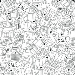 Shopping seamless pattern with hand drawn doodles on white background. Good for wrapping paper, backgrounds, scrapbooking, digital paper, etc. EPS 10
