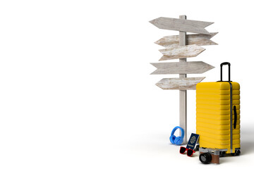 Suitcase with signpost and traveler accessories, essential vacation items on background. Adventure and travel summer holiday traveling concept design. 3D rendering