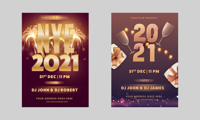 Set Of 2021 NYE Party Flyer Or Invitation Card With Event Details.