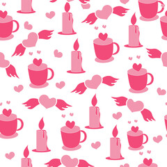 Repeat-less Love Angel With Cup, Lit Candles On White Background.