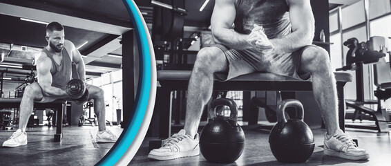 International Day of Sport. Bearded athletic man trains in the gym with kettlebells and dumbbells....