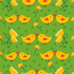 Cartoon Kissing Birds With Flower And Line Art Heart Decorated On Green Background.