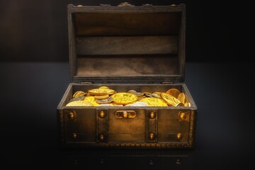 Heap of coins in small wooden chest