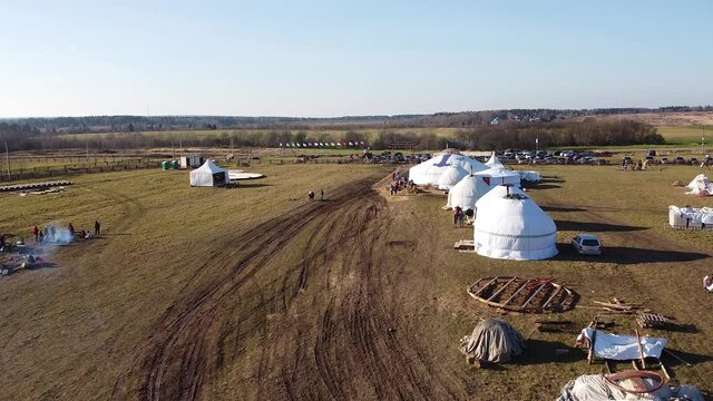 Sergiev Posad, Russia - 30 October 2021: Camel farm ethnopark "Nomad" from a bird's eye view