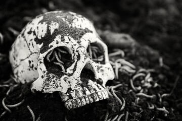 Human skull in the soil black and white