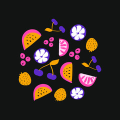 Colorful vector fruits set on the black background. Yellow watermelon, pink blueberries, purple cherries. orange strawberries, purple lemon elements on the black background. Simple illustration.