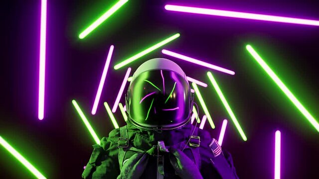 Retrowave astronaut among neon laser beams. Futuristic space suit 3d render