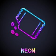 Glowing neon line Packet of pepper icon isolated on black background. Vector