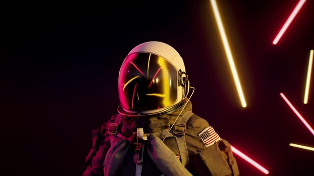 Neon astronaut in infinite warp tunnel. Futuristic loop 3d animation. Red neon