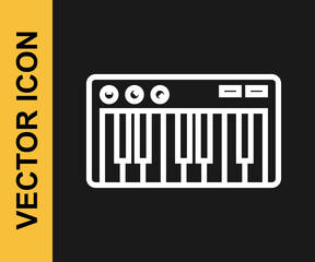White line Music synthesizer icon isolated on black background. Electronic piano. Vector