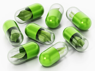 Green leaves inside capsule pills. 3D illustration