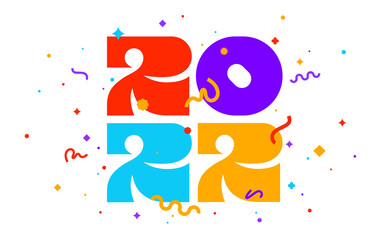 2022, Happy New Year. Greeting card with inscription Happy New Year 2022. Geometric bright style for Happy New Year 2022. Holiday background, banner, poster. Vector Illustration