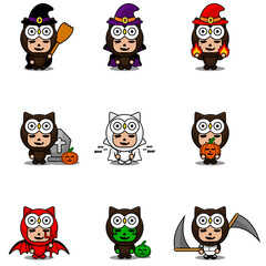 vector cartoon character cute owl animal mascot costume set bundle halloween