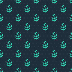 Green line Leaf icon isolated seamless pattern on blue background. Leaves sign. Fresh natural product symbol. Vector