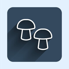 White line Mushroom icon isolated with long shadow background. Blue square button. Vector