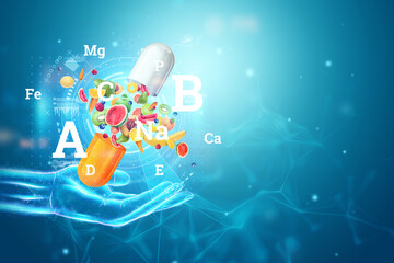 Fruit and vitamins, nutritional supplements in the form of medicinal capsules fly out directly and capsules. Correct diet, diet, alternative medicine, vitamins. 3D illustration, 3D render.