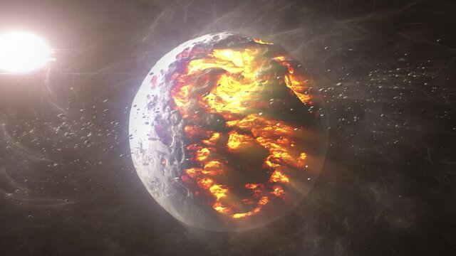 Dead planet with hot lava magma and asteroids
Cinematic view of destroyed death star after meteor asteroids impact
