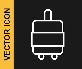 White line Suitcase for travel icon isolated on black background. Traveling baggage sign. Travel luggage icon. Vector