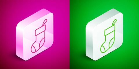 Isometric line Christmas stocking icon isolated on pink and green background. Merry Christmas and Happy New Year. Silver square button. Vector